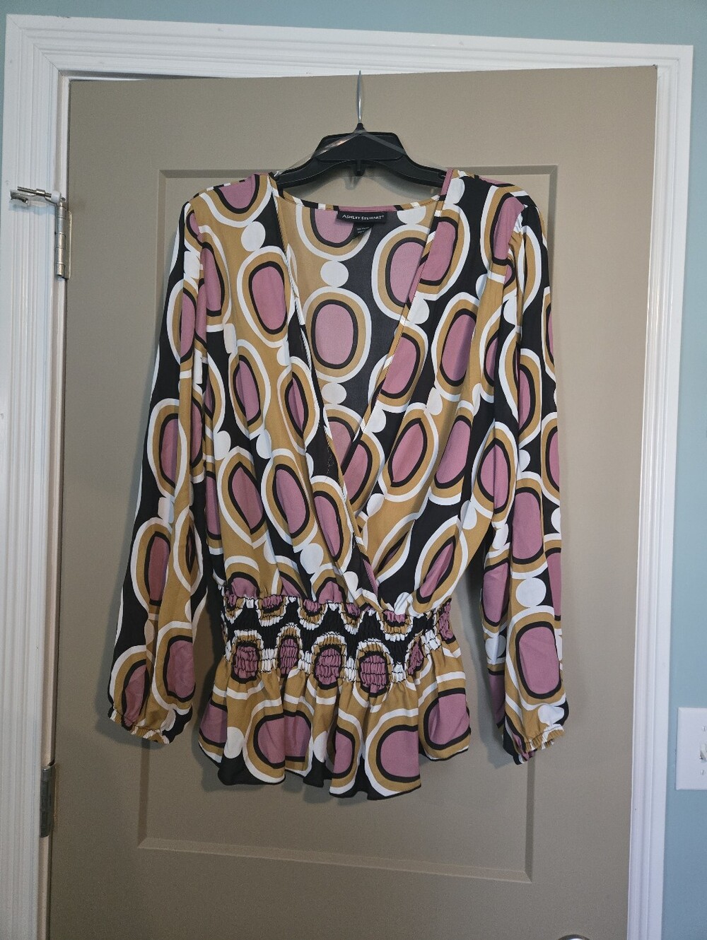 Ashley Stewart Pink & Mustard Geometric Deep V-neck Blouse
